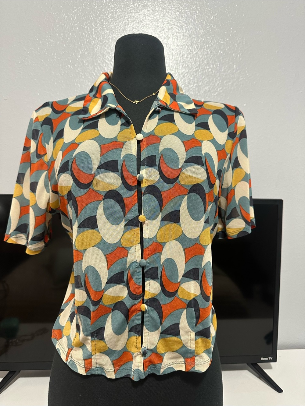 Retro Geometric Button-Up Blouse in Teal, Rust & Cream
